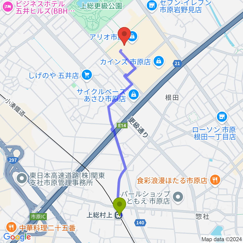 上総村上駅からTOHOシネマズ市原へのルートマップ地図