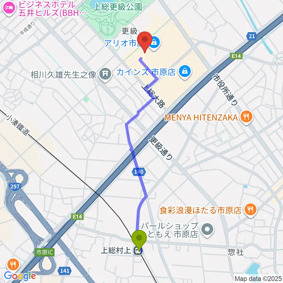 上総村上駅からTOHOシネマズ市原へのルートマップ地図