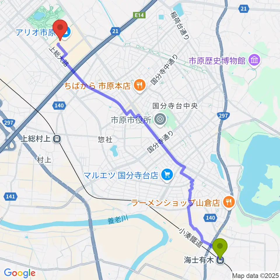 海士有木駅からTOHOシネマズ市原へのルートマップ地図