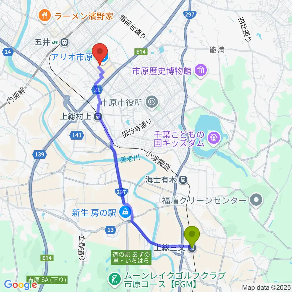 上総三又駅からTOHOシネマズ市原へのルートマップ地図
