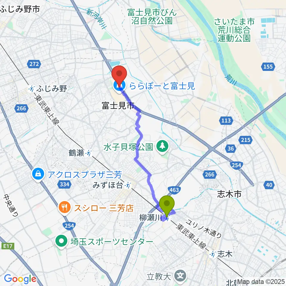 柳瀬川駅からTOHOシネマズららぽーと富士見へのルートマップ地図
