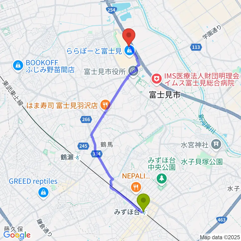 みずほ台駅からTOHOシネマズららぽーと富士見へのルートマップ地図