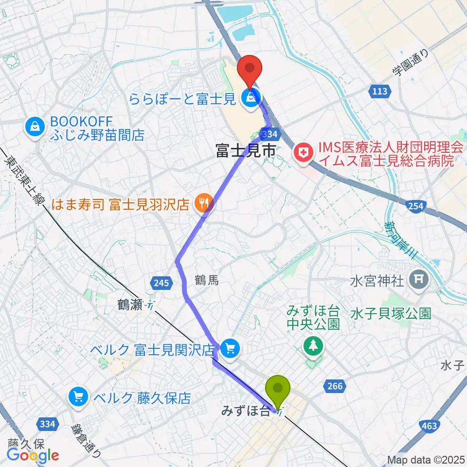 みずほ台駅からTOHOシネマズららぽーと富士見へのルートマップ地図