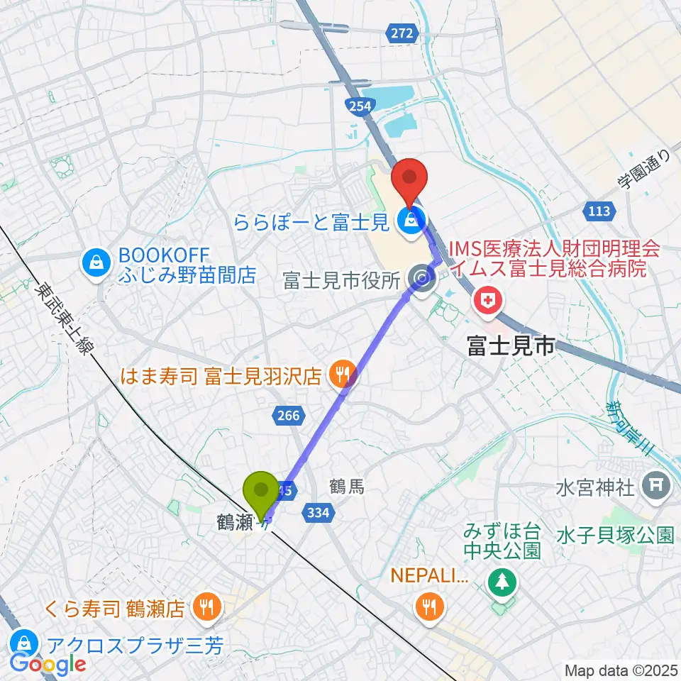 TOHOシネマズららぽーと富士見の最寄駅鶴瀬駅からの徒歩ルート（約31分）地図