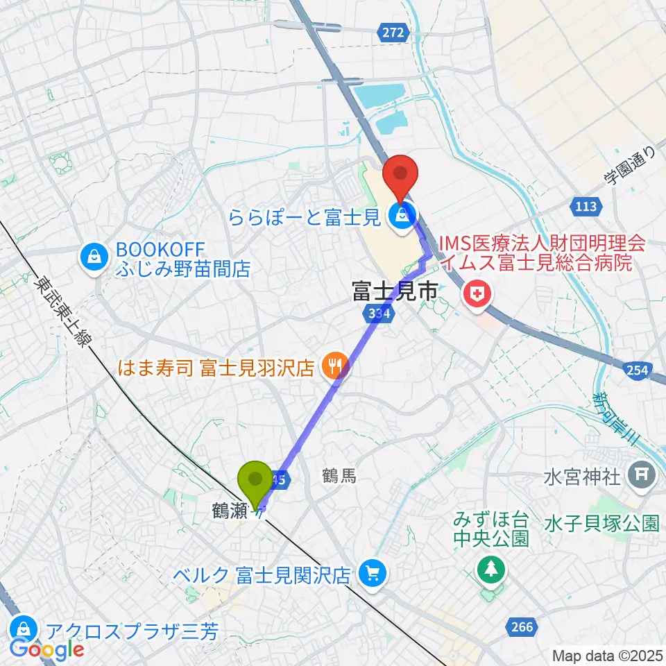 TOHOシネマズららぽーと富士見の最寄駅鶴瀬駅からの徒歩ルート（約31分）地図