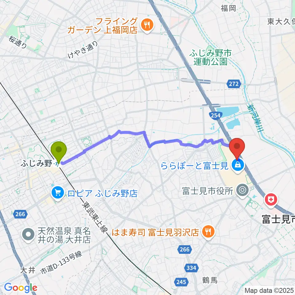 ふじみ野駅からTOHOシネマズららぽーと富士見へのルートマップ地図