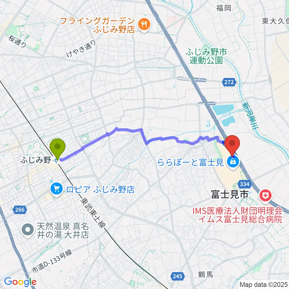ふじみ野駅からTOHOシネマズららぽーと富士見へのルートマップ地図