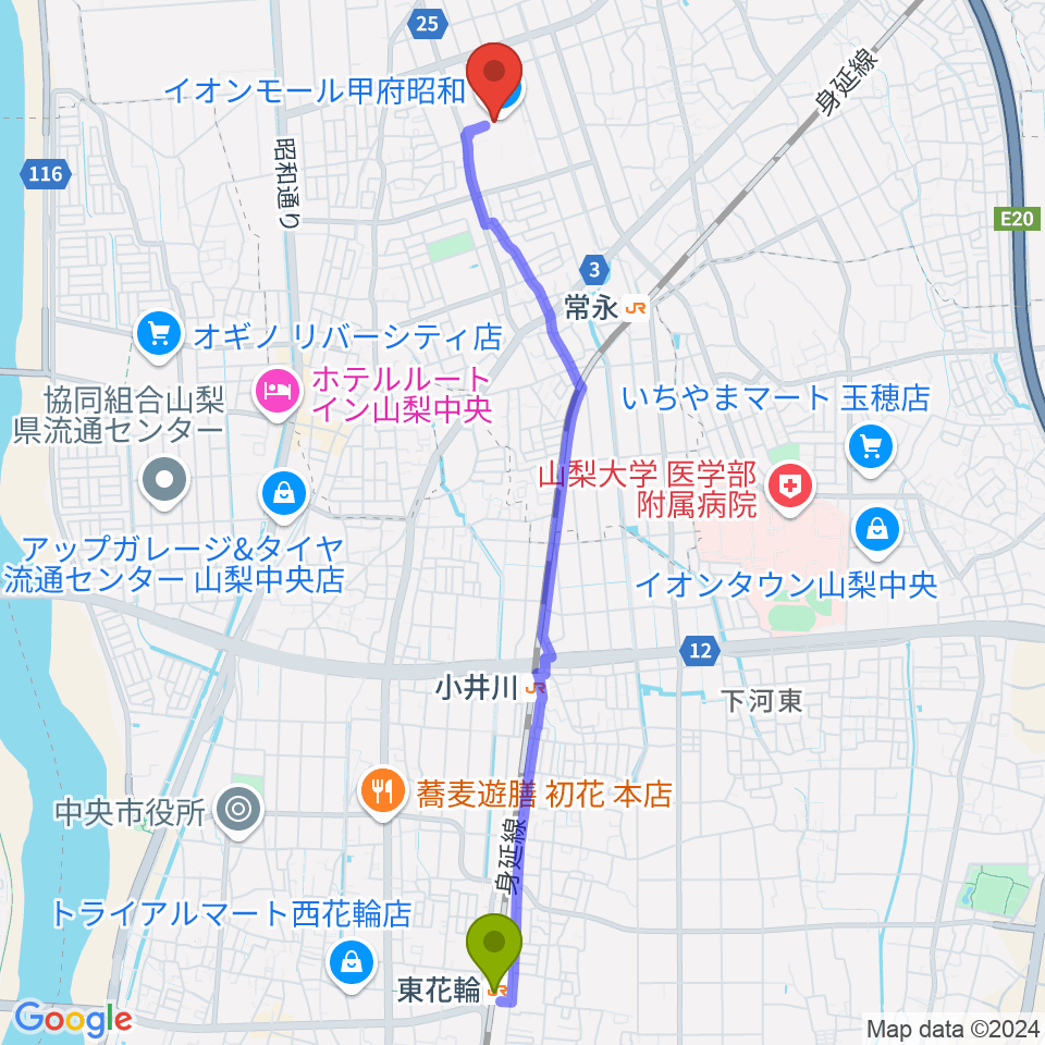 東花輪駅からtohoシネマズ甲府へのルートマップ Mdata