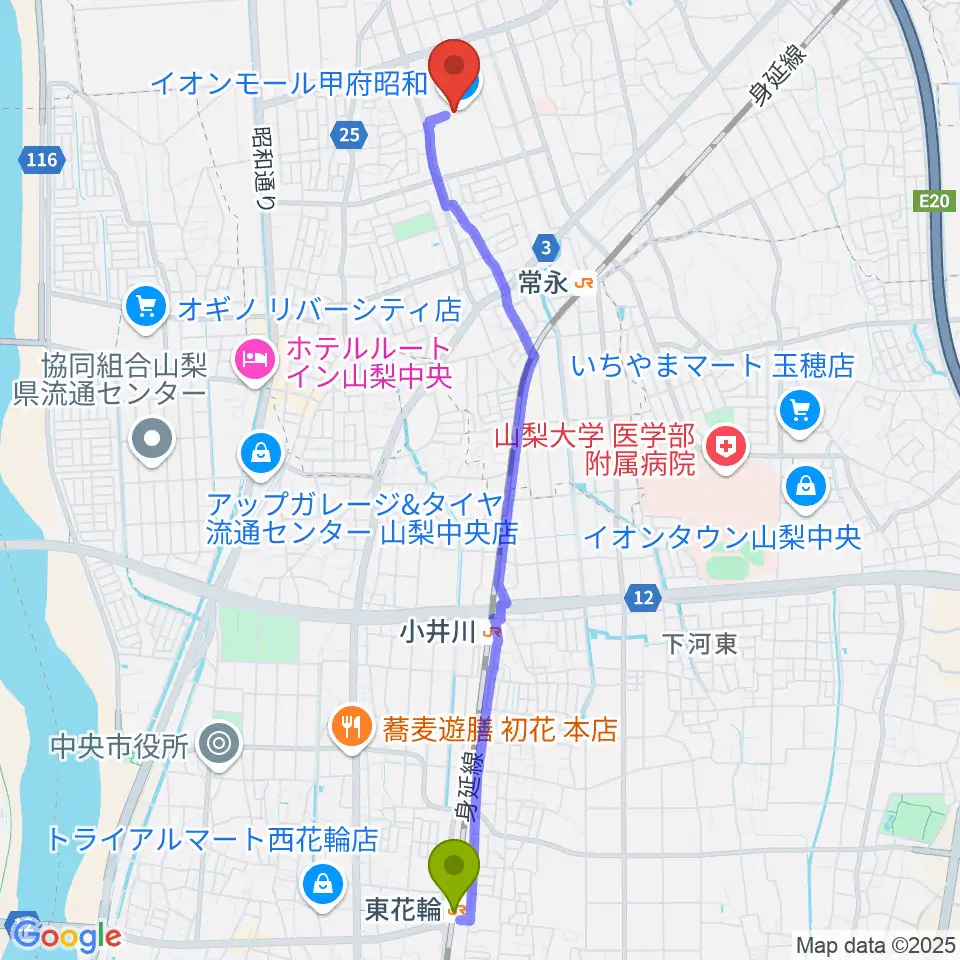 東花輪駅からTOHOシネマズ甲府へのルートマップ地図