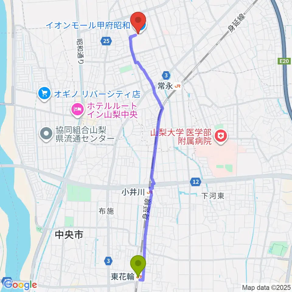 東花輪駅からTOHOシネマズ甲府へのルートマップ地図