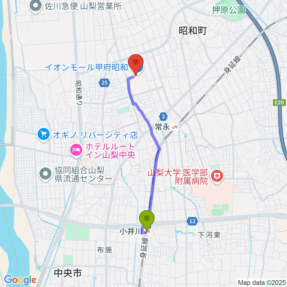 小井川駅からTOHOシネマズ甲府へのルートマップ地図