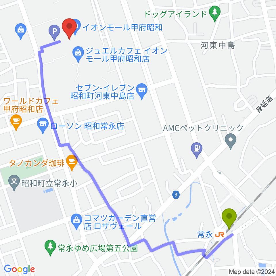 TOHOシネマズ甲府の最寄駅常永駅からの徒歩ルート（約14分）地図