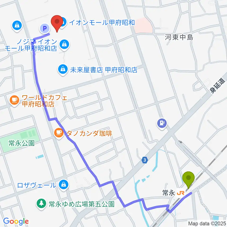 TOHOシネマズ甲府の最寄駅常永駅からの徒歩ルート（約14分）地図