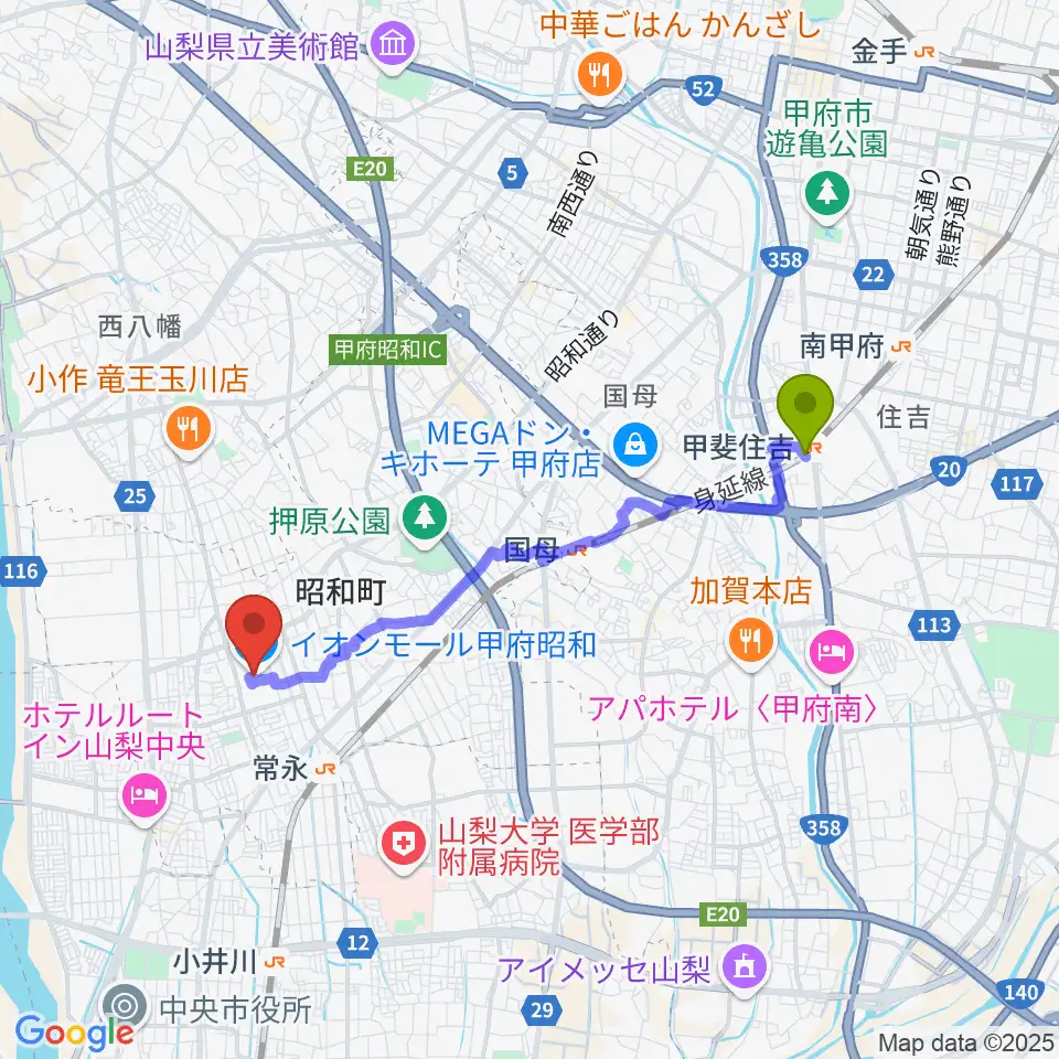 甲斐住吉駅からTOHOシネマズ甲府へのルートマップ地図