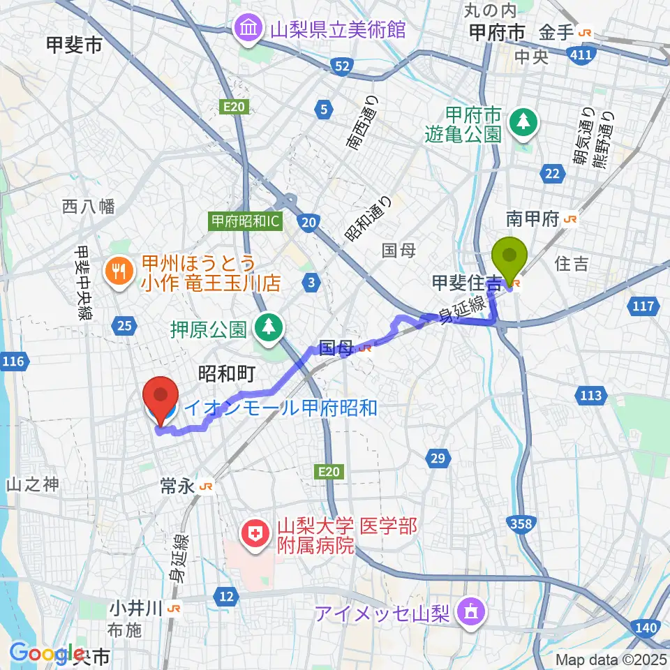 甲斐住吉駅からTOHOシネマズ甲府へのルートマップ地図