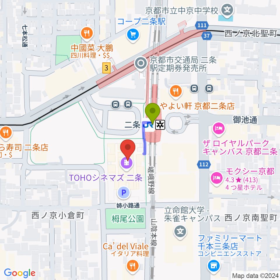 TOHOシネマズ二条の最寄駅二条駅からの徒歩ルート（約1分）地図