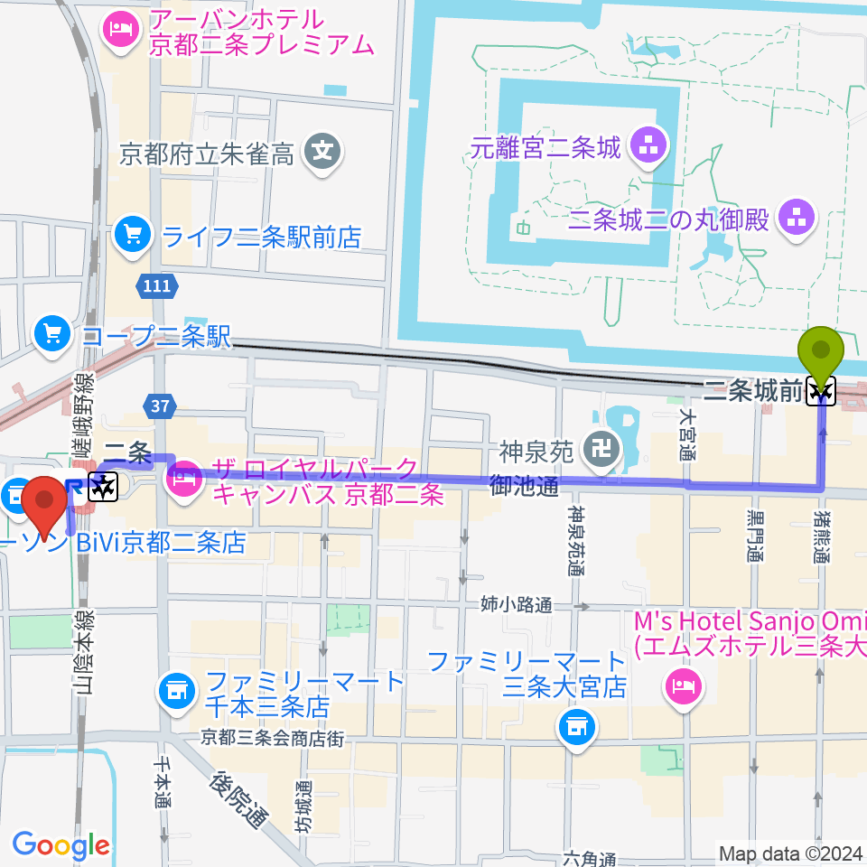 二条城前駅からTOHOシネマズ二条へのルートマップ地図