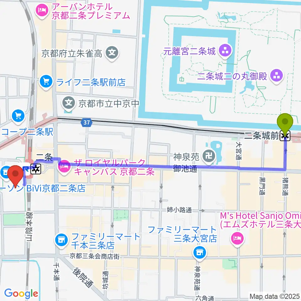 二条城前駅からTOHOシネマズ二条へのルートマップ地図