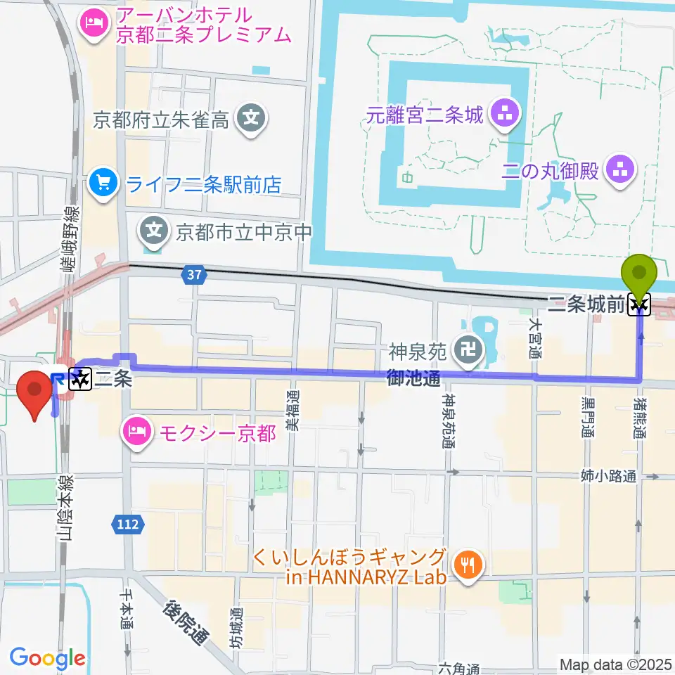 二条城前駅からTOHOシネマズ二条へのルートマップ地図