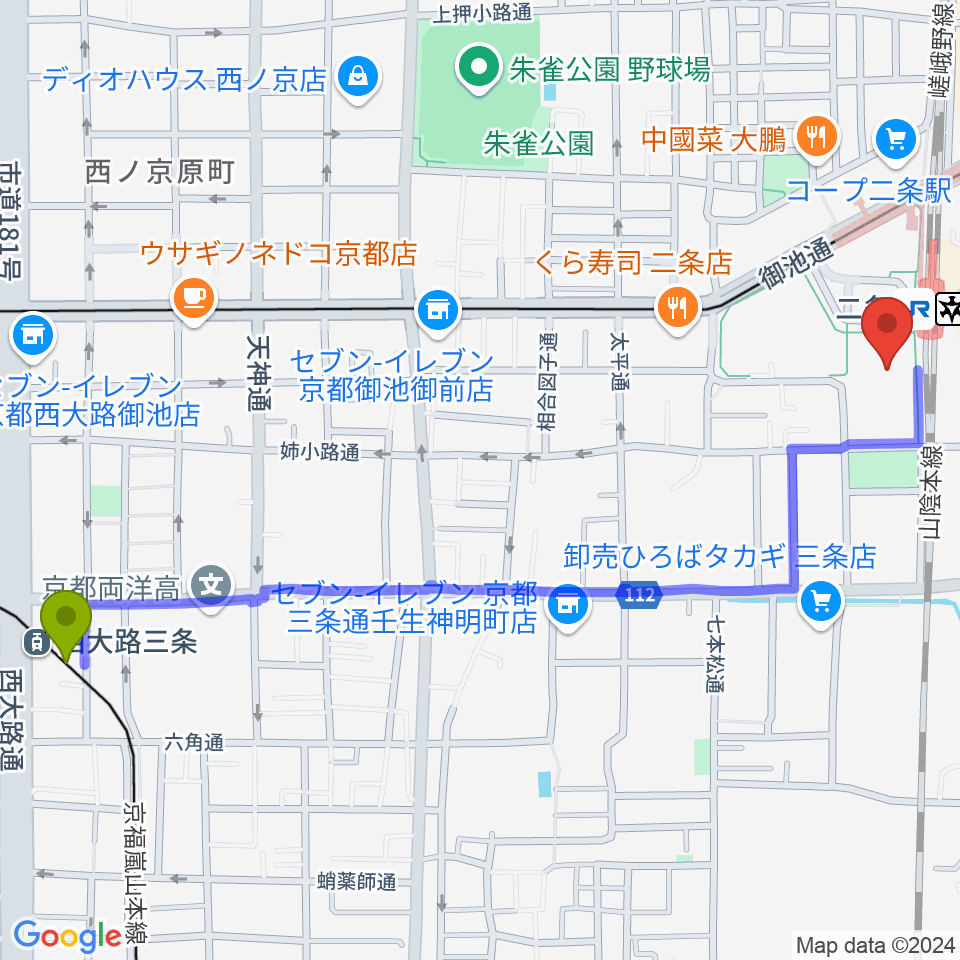 西大路三条駅からTOHOシネマズ二条へのルートマップ地図