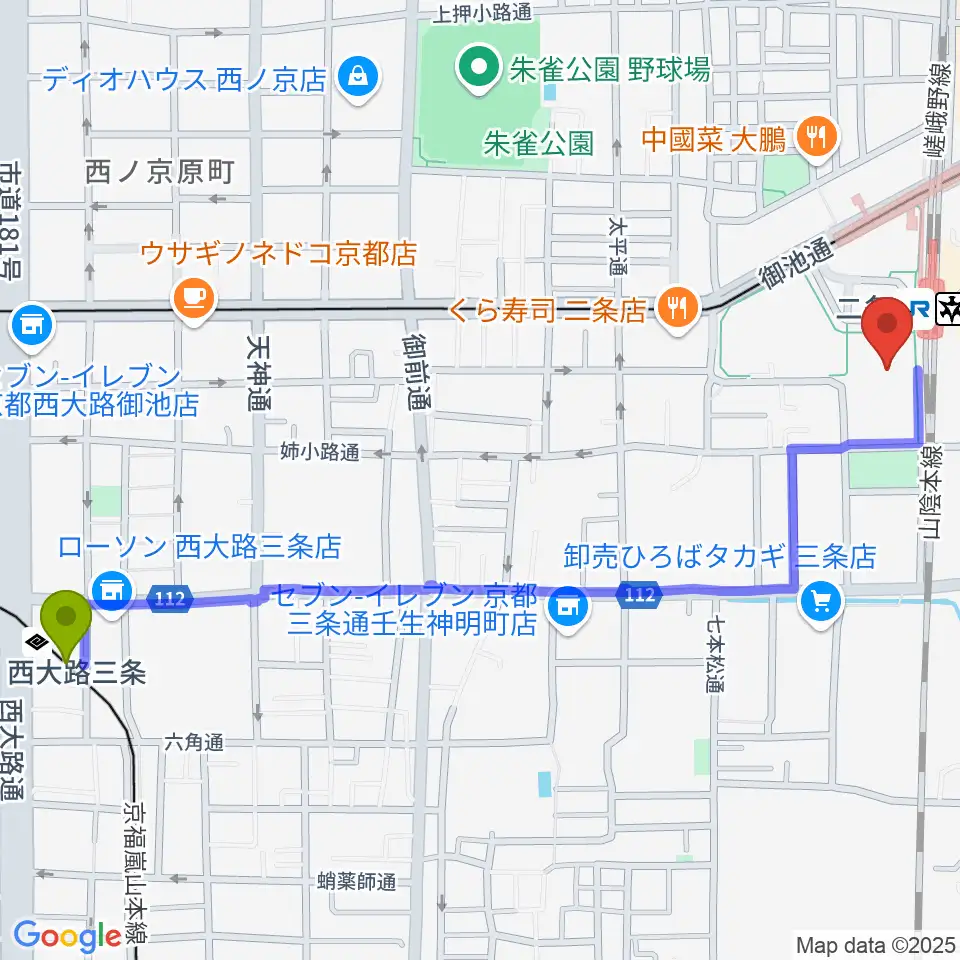 西大路三条駅からTOHOシネマズ二条へのルートマップ地図