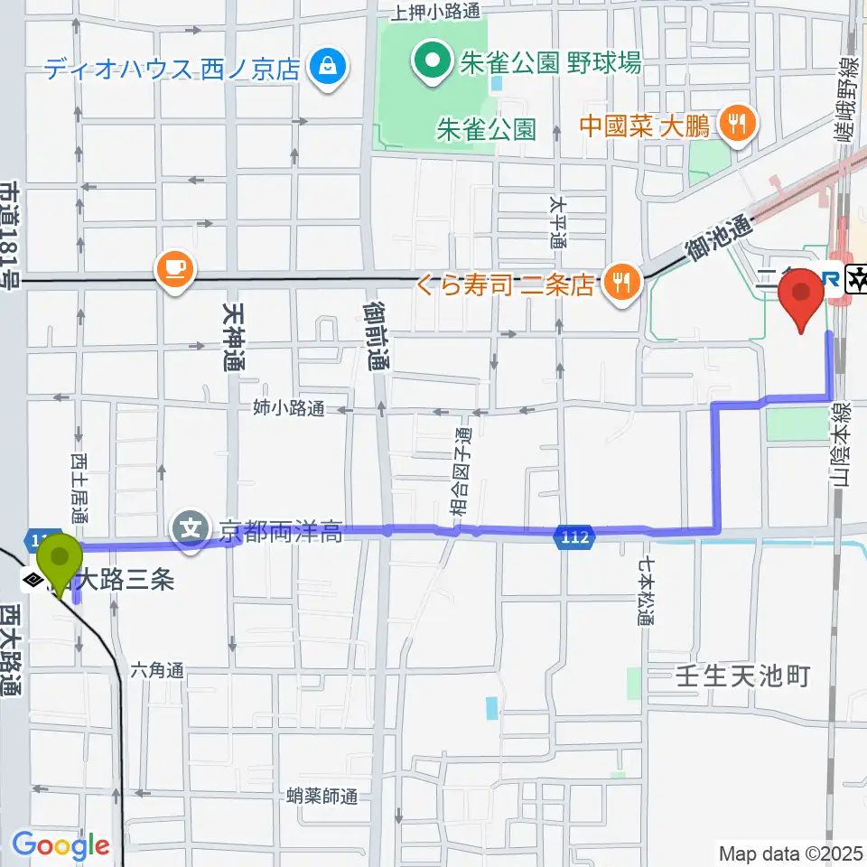 西大路三条駅からTOHOシネマズ二条へのルートマップ地図