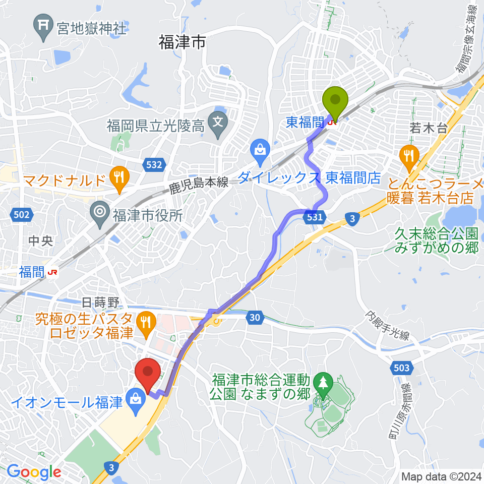 東福間駅からTOHOシネマズ福津へのルートマップ地図