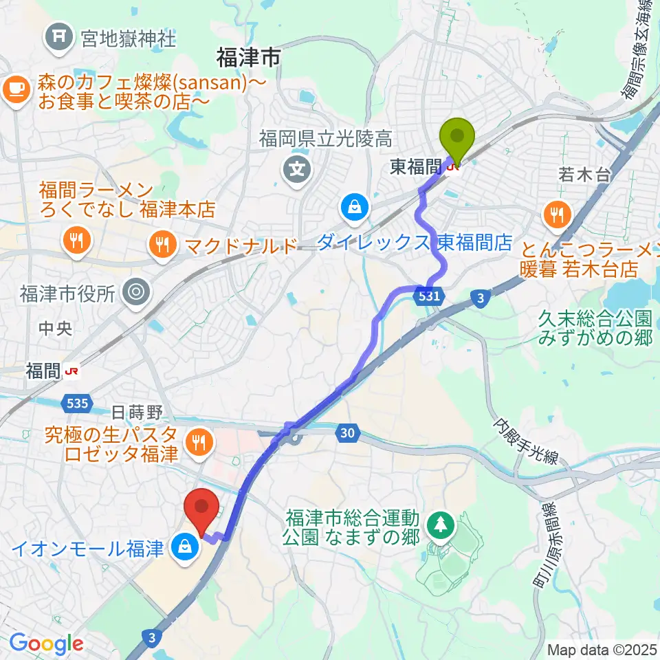 東福間駅からTOHOシネマズ福津へのルートマップ地図