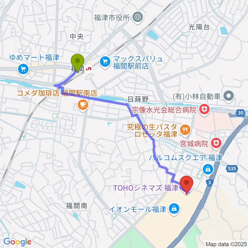 TOHOシネマズ福津の最寄駅福間駅からの徒歩ルート（約21分）地図