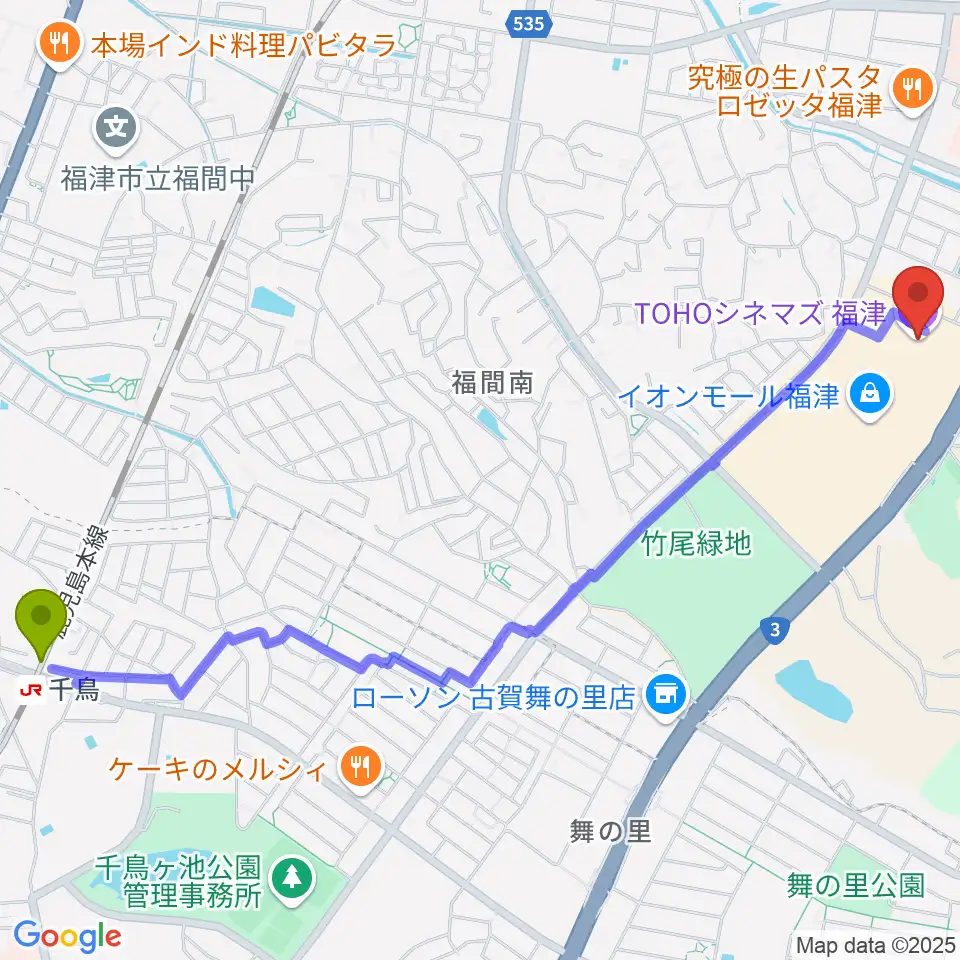 千鳥駅からTOHOシネマズ福津へのルートマップ地図