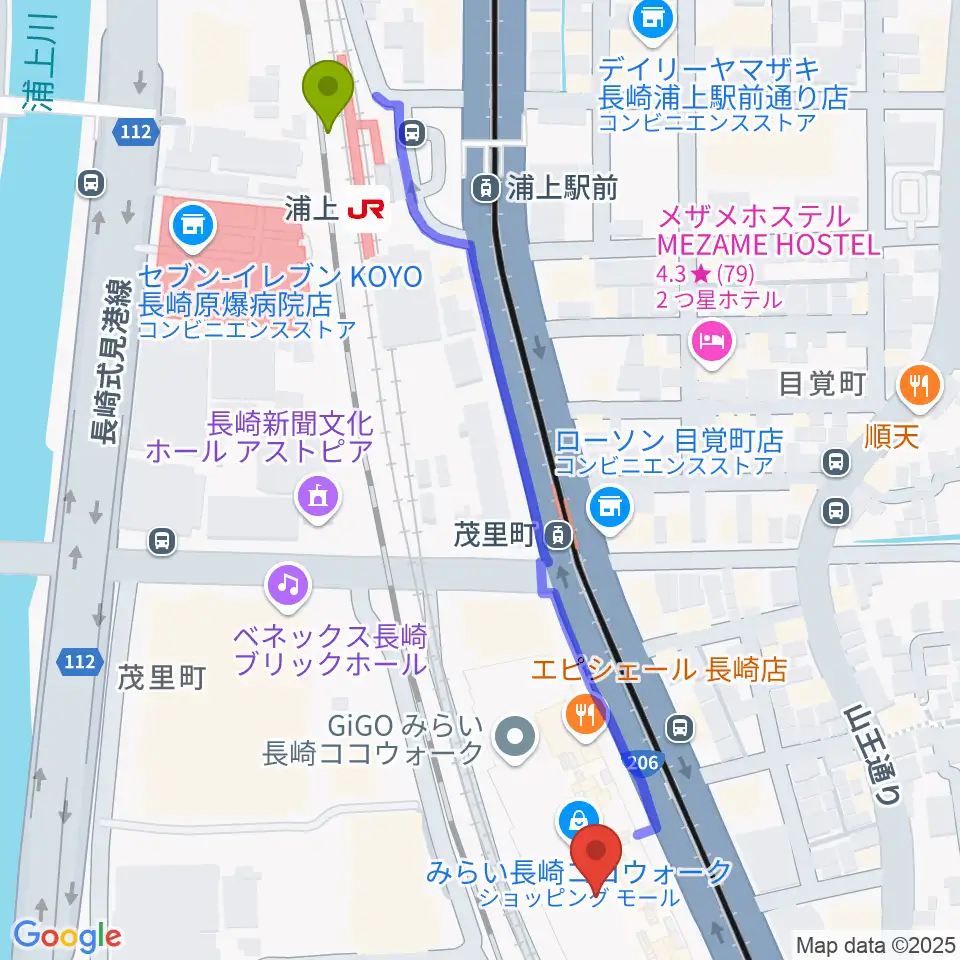 浦上駅からTOHOシネマズ長崎へのルートマップ地図