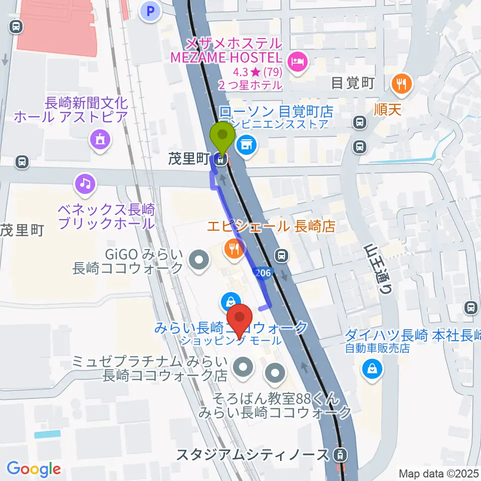 茂里町駅からTOHOシネマズ長崎へのルートマップ地図