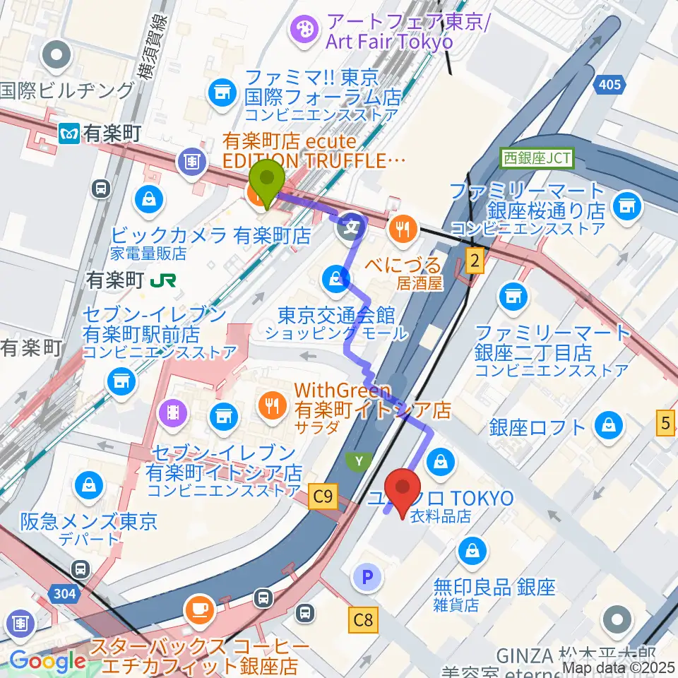 有楽町駅から丸の内TOEIへのルートマップ地図