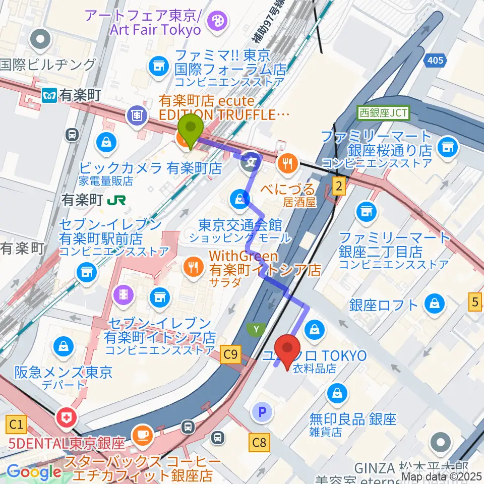 有楽町駅から丸の内TOEIへのルートマップ地図