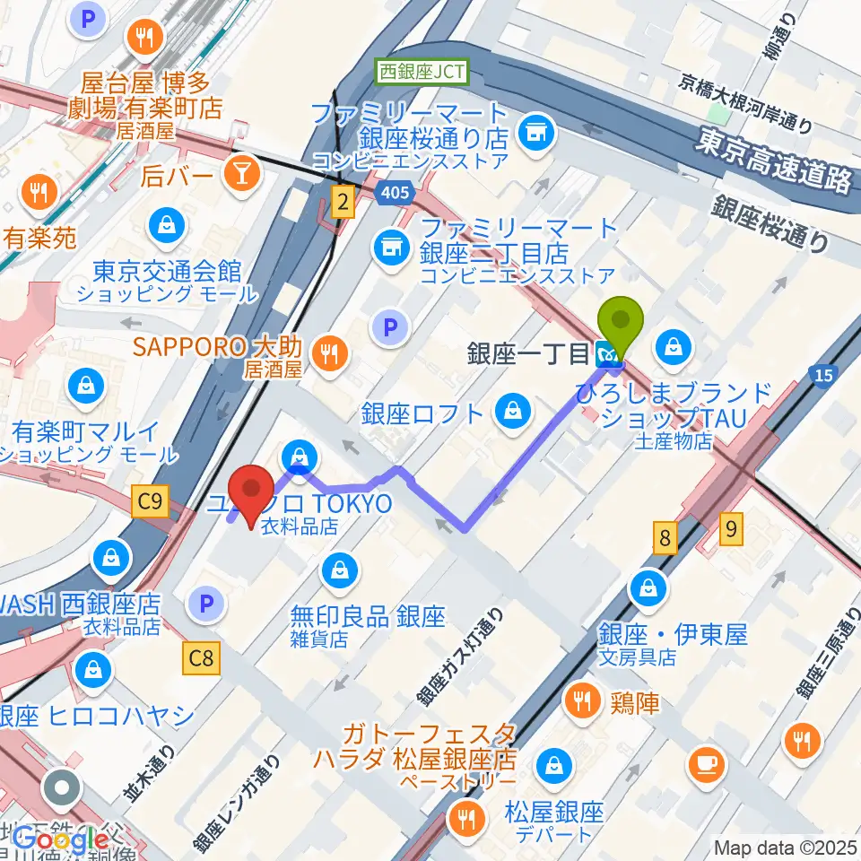 銀座一丁目駅から丸の内TOEIへのルートマップ地図