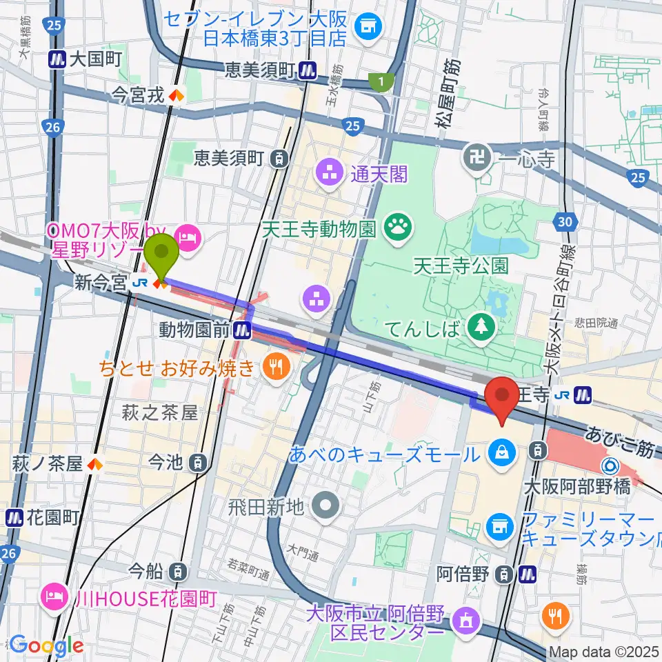 新今宮駅からあべのアポロシネマへのルートマップ地図
