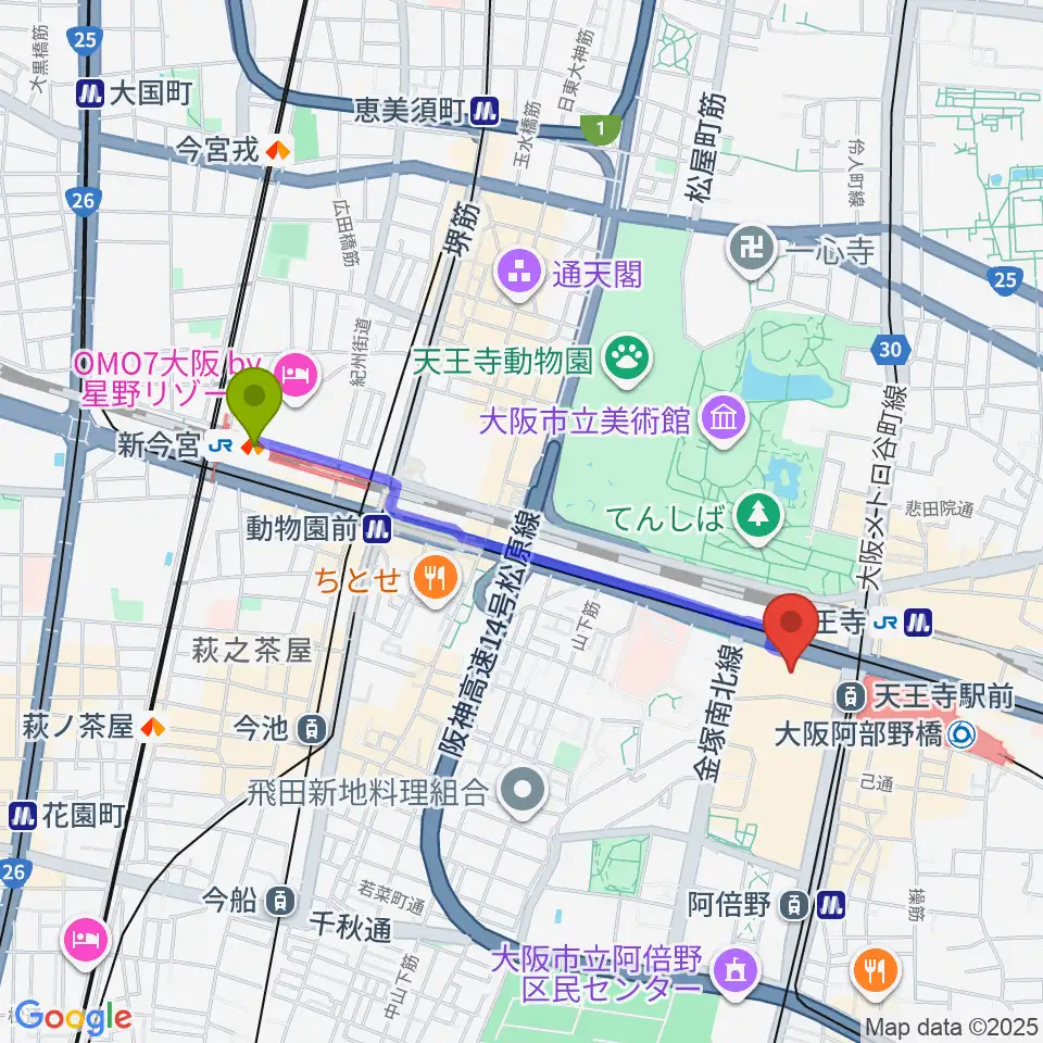 新今宮駅からあべのアポロシネマへのルートマップ地図
