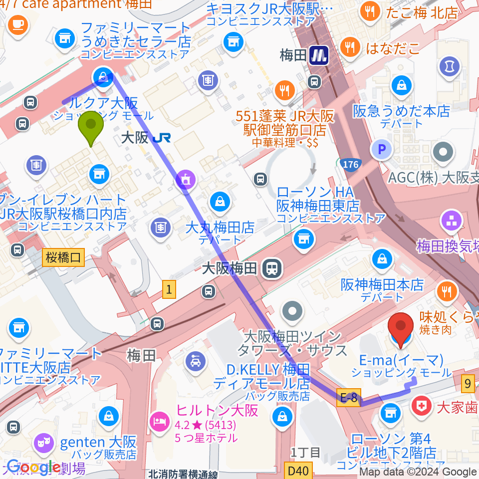 T・ジョイ梅田の最寄駅大阪駅からの徒歩ルート（約6分）地図