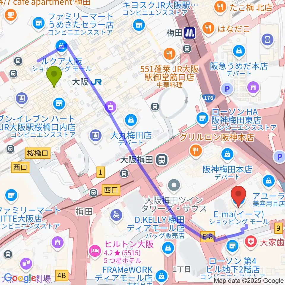 T・ジョイ梅田の最寄駅大阪駅からの徒歩ルート（約6分）地図