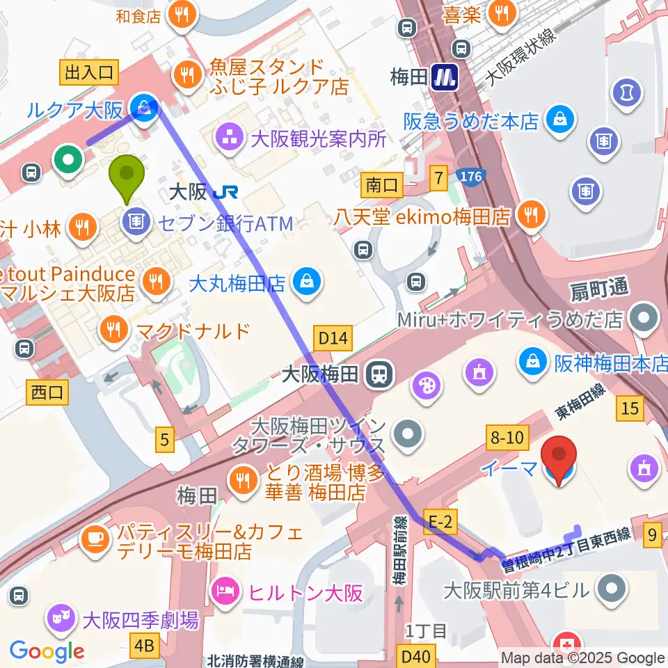 T・ジョイ梅田の最寄駅大阪駅からの徒歩ルート（約6分）地図