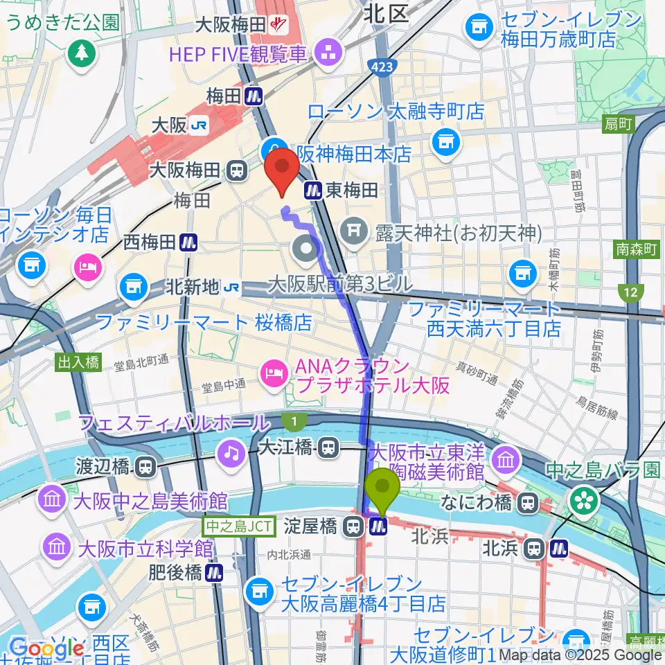 淀屋橋駅からT・ジョイ梅田へのルートマップ地図