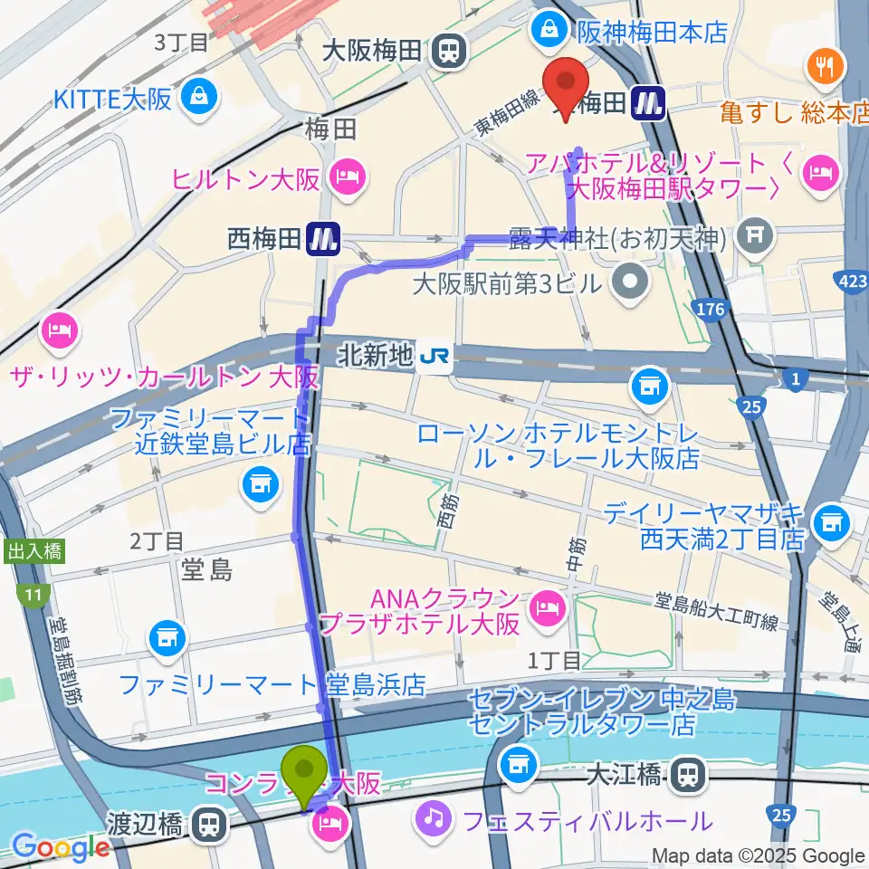 渡辺橋駅からT・ジョイ梅田へのルートマップ地図