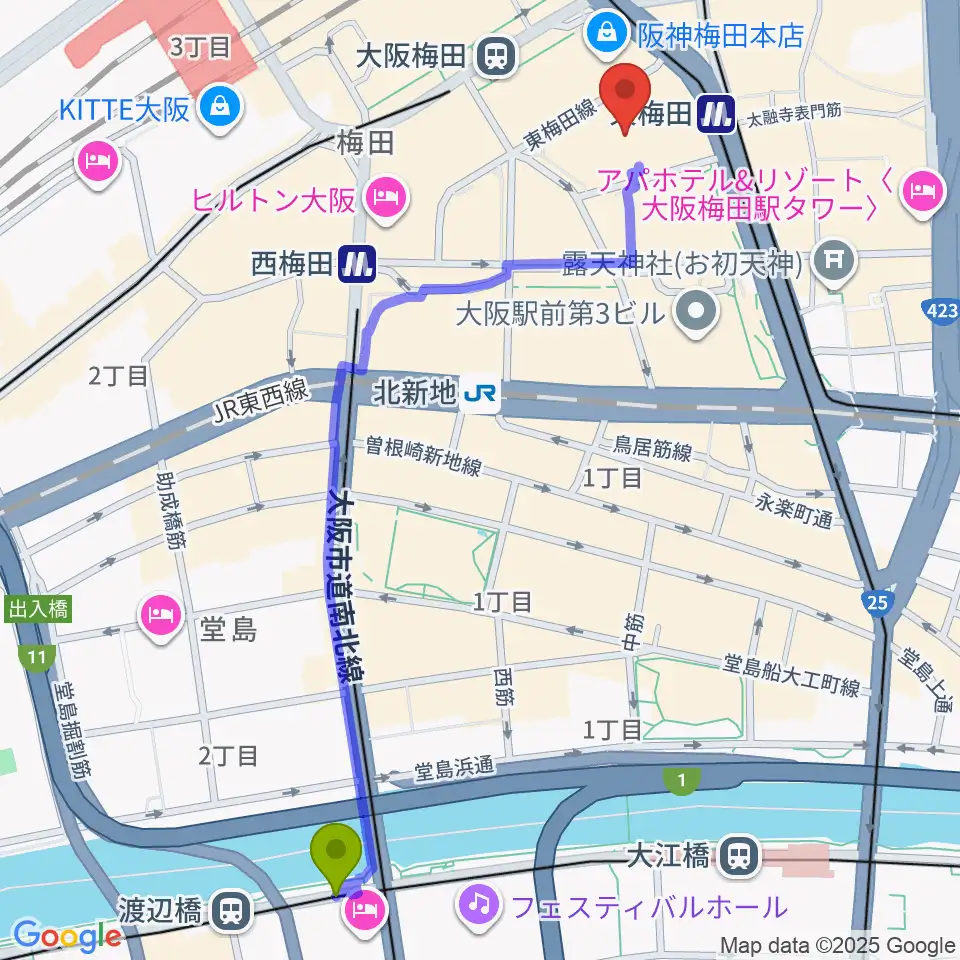 渡辺橋駅からT・ジョイ梅田へのルートマップ地図