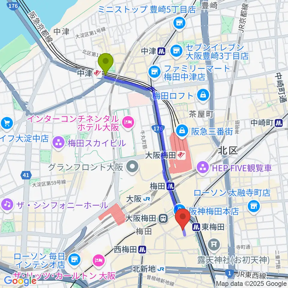 中津駅からT・ジョイ梅田へのルートマップ地図