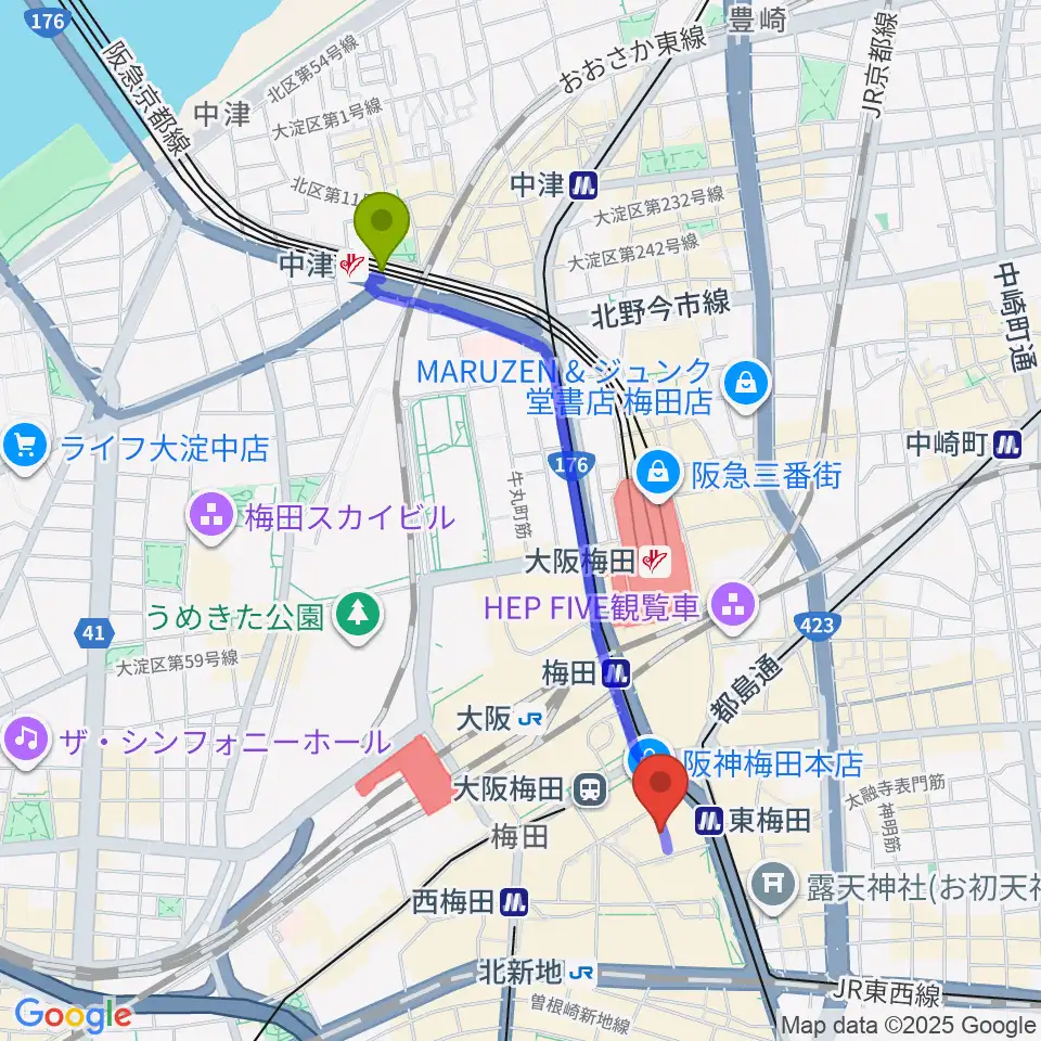 中津駅からT・ジョイ梅田へのルートマップ地図