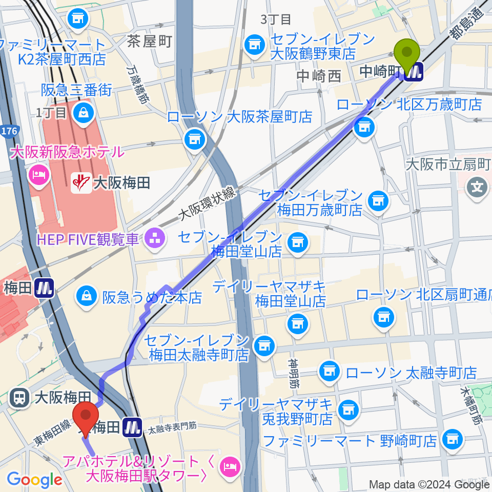 中崎町駅からT・ジョイ梅田へのルートマップ地図