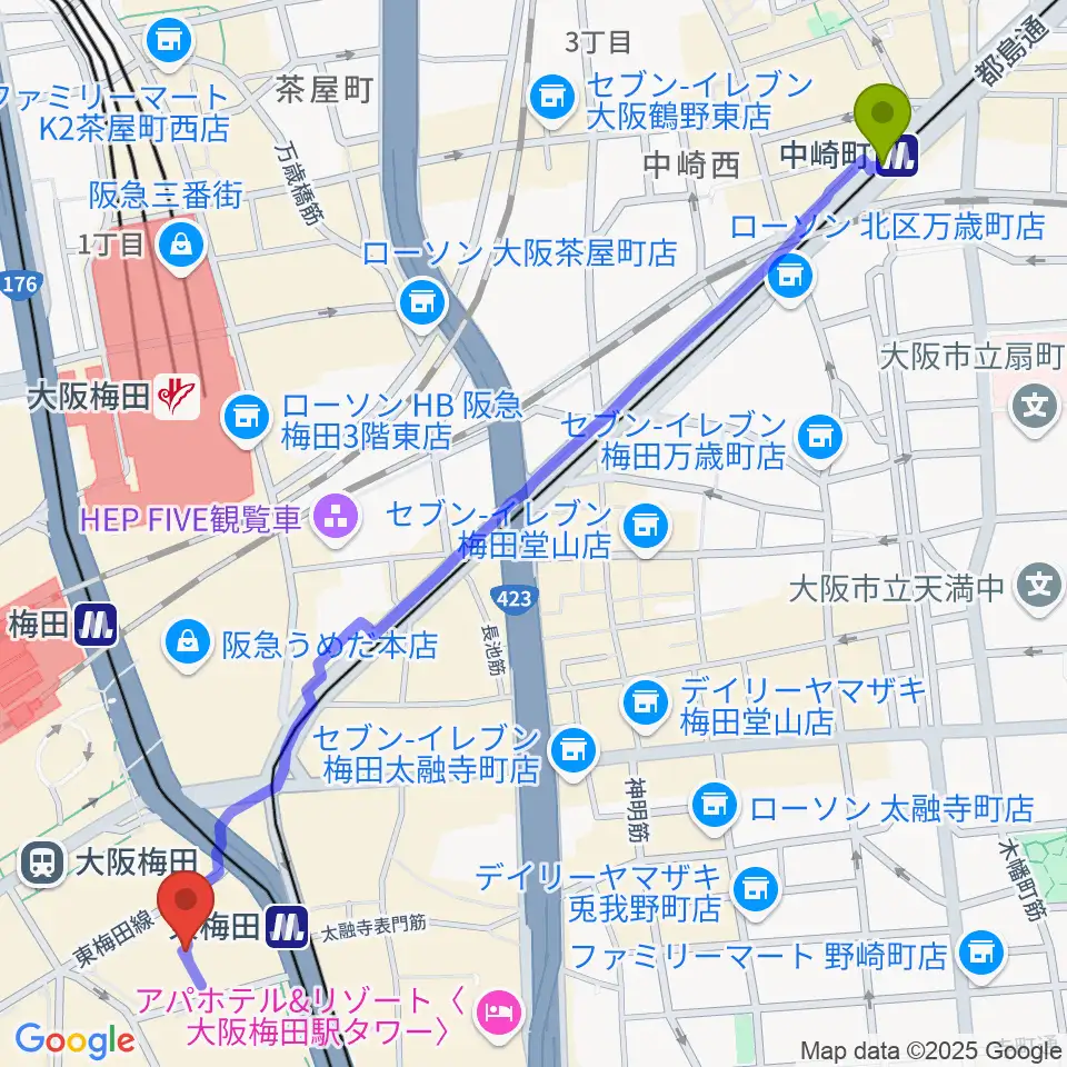 中崎町駅からT・ジョイ梅田へのルートマップ地図