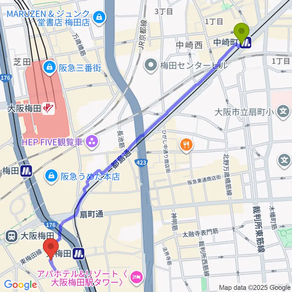 中崎町駅からT・ジョイ梅田へのルートマップ地図