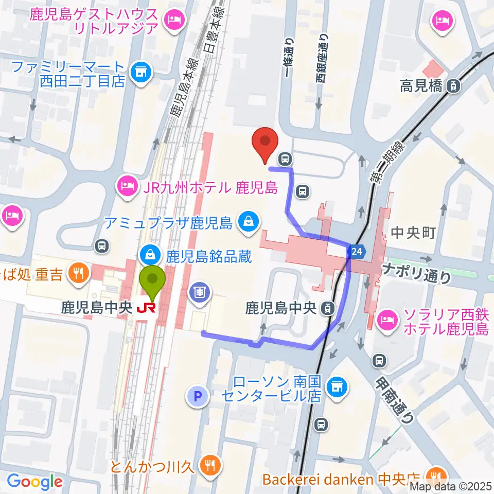 鹿児島ミッテ10の最寄駅鹿児島中央駅からの徒歩ルート（約3分）地図