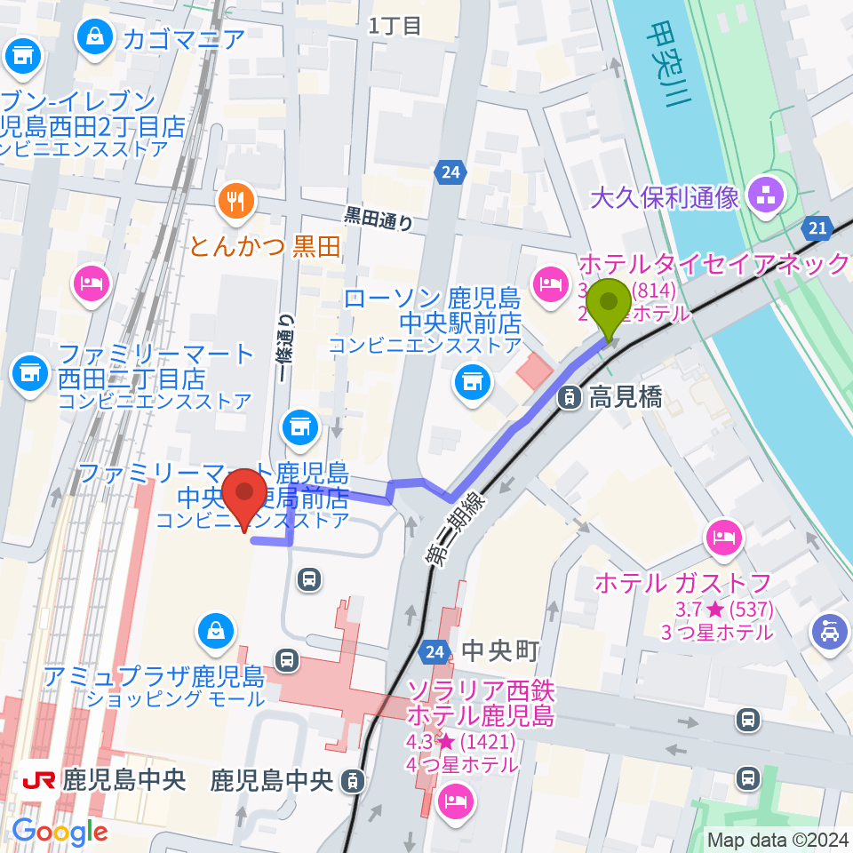 高見橋駅から鹿児島ミッテ10へのルートマップ地図